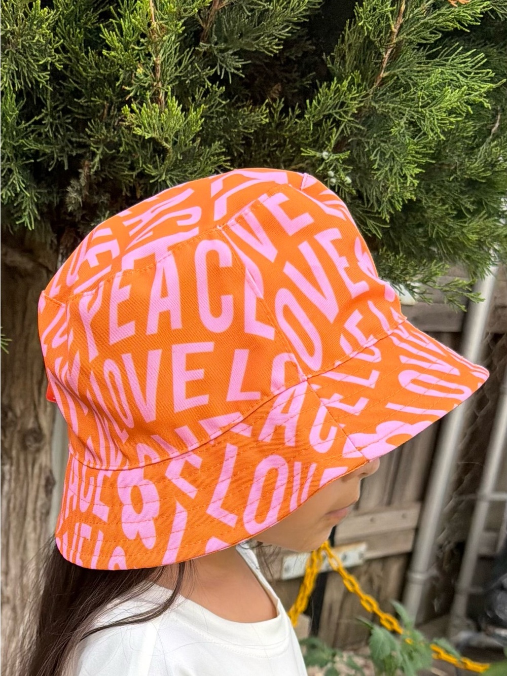 Kids Orange & Pink 'Love Peace' Graphic Bucket Hat